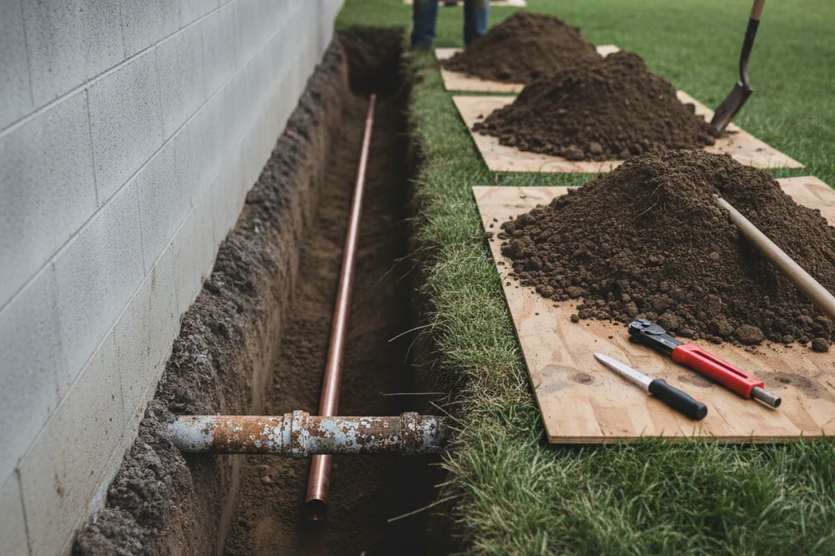 Excavated water line trench during Water Softener Installation in Cerritos